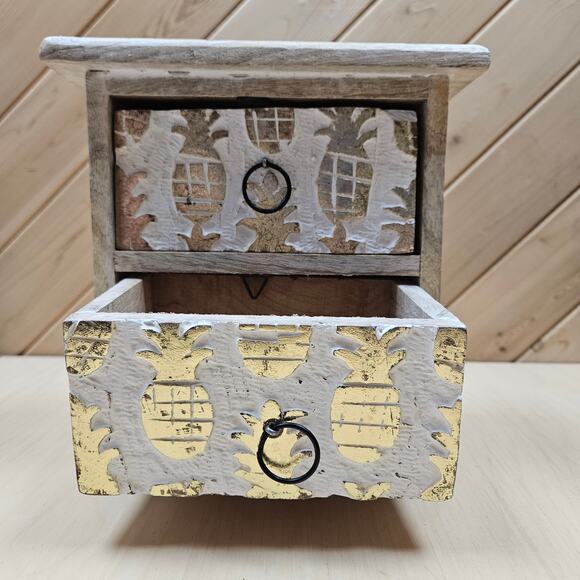 Coastal decorative whitewashed wood jewelry bx Gold Pineapple Design County Boho - Picture 5 of 10